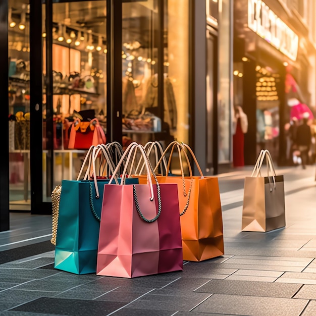 Foto ein satz farbenfroher einkaufstaschen mit griffe papier-einkaufstaschen close-up einkaufstage