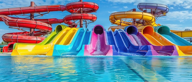 Ein Satz farbenfroher Wasserrutschen in einem Aquapark im Freien