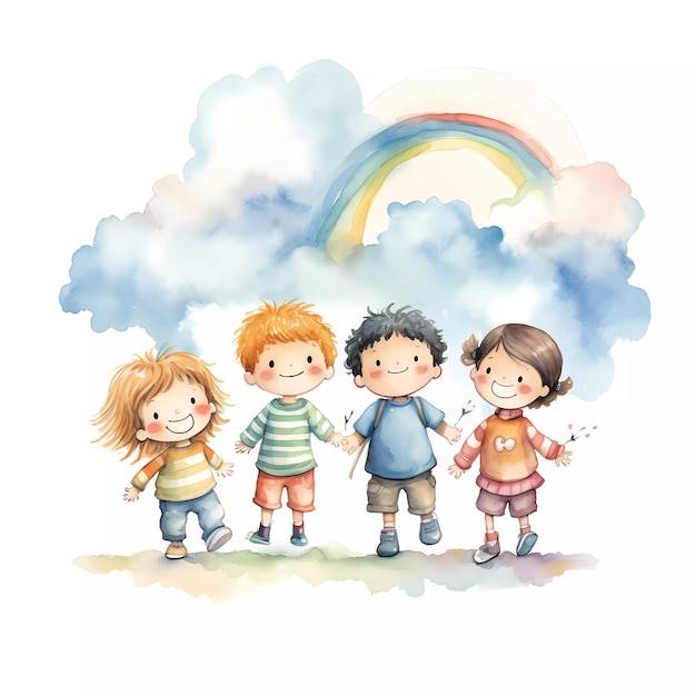 Ein Satz glücklicher Kinder, die unter dem Regenbogen zusammen spielen. Glücklicher Kindertag. Freundschaftsthema.