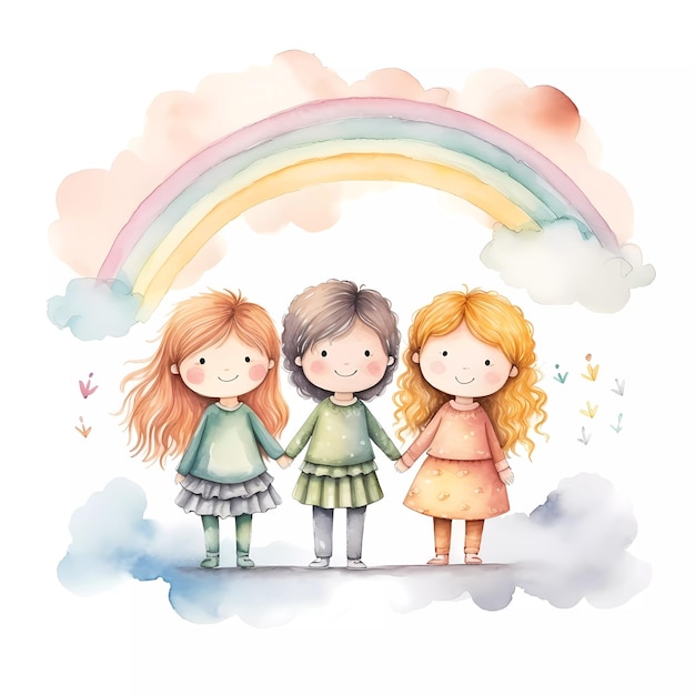 Ein Satz glücklicher Kinder, die unter dem Regenbogen zusammen spielen. Glücklicher Kindertag. Freundschaftsthema.