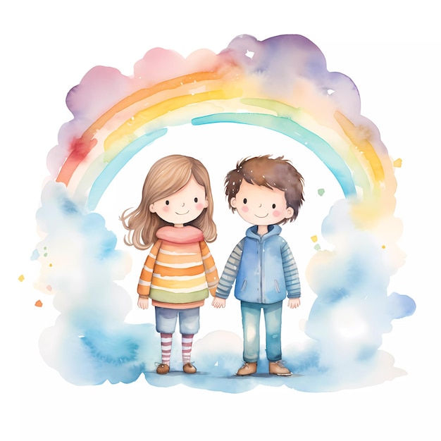Ein Satz glücklicher Kinder, die unter dem Regenbogen zusammen spielen. Glücklicher Kindertag. Freundschaftsthema.