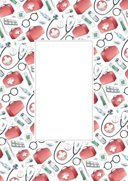 Ein Satz medizinischer Geräte mit einer roten Erste-Hilfe-Tasche. Von Hand gezeichnete Aquarellillustration. Vertikale Vorlage, ein Rahmen auf weißem Hintergrund