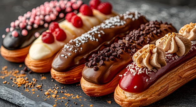 Ein Satz verschiedener Eclairs mit Füllung