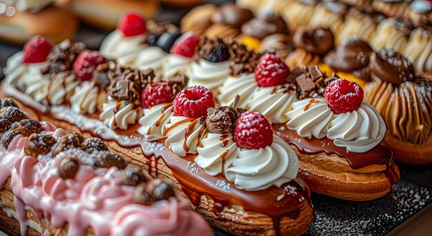 Ein Satz verschiedener Eclairs mit Füllung