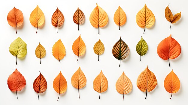 Ein Satz verschiedener Herbstblätter, die auf weißem Hintergrund isoliert sind. Herbstblättchen rot, braun, gelb und ocherfarben.