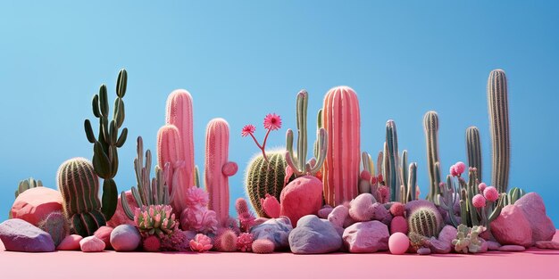 Ein Satz verschiedener Kaktusse, die auf rechteckigen Ständen zwischen rosa Steinen auf blauem Hintergrund platziert sind