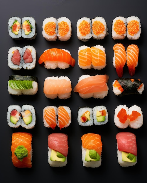 Foto ein satz verschiedener sushi-rollen auf einer schwarzen tischplatte