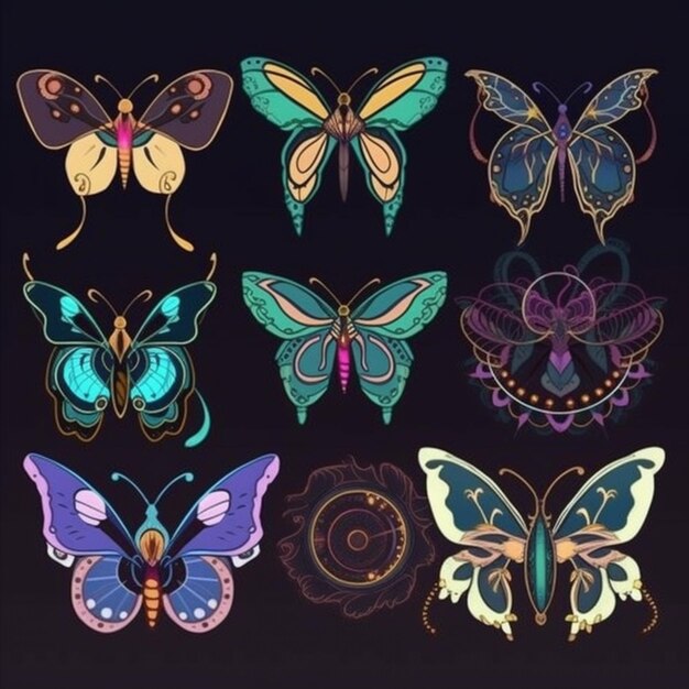 Ein Satz von bunten Schmetterlingen mit verschiedenen Formen und Farben generative ai
