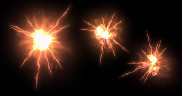 Ein Satz von drei auf schwarzem Hintergrund isolierten Explosionen Bombe Detonation Explosion Realistische feurige Bombe Explosion mit Funken und Rauch