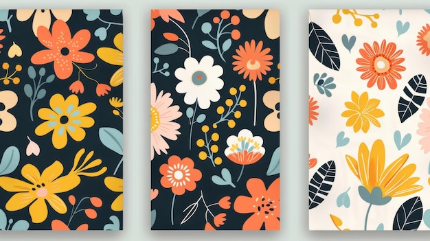 Ein Satz von drei nahtlosen abstrakten quadratischen Mustern mit vintage groovy Gänseblümchen Retro-blumigen modernen Hintergründen für Textil, Schreibwaren, Verpackungspapier und Decken im Stil der 60er, 70er und 80er Jahre