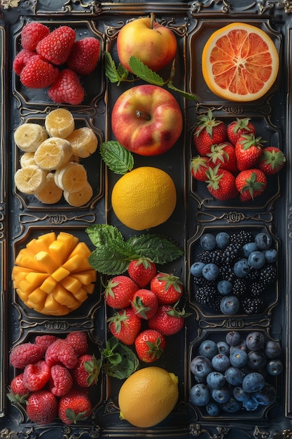 Ein Satz von Etiketten für Früchte und Beeren auf blauem Hintergrund Etiketten mit Zeichnungen von Früchten Eine Vorlage für Ihr Produkt Illustration