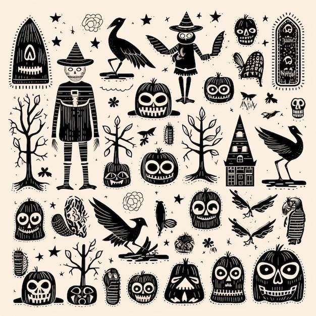 ein Satz von Halloween-Ikonen und Symbolen in schwarz-weiß generativer Ai