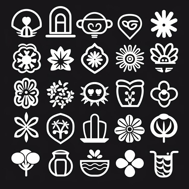 Foto ein satz von ikonen von blumenhändlern in schwarz-weiß im stil von kirschblüten