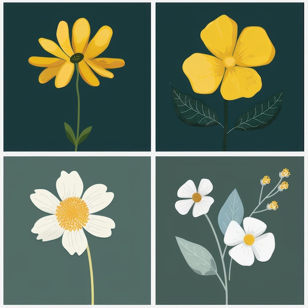 Ein Satz von Illustrationen verschiedener Blumen und Pflanzen, die ideal für Grußkarten oder dekorative Zwecke auf der Wand sind