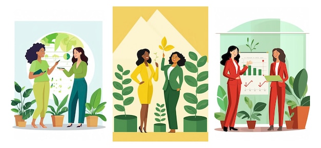 Ein Satz von Illustrationen verschiedener lächelnder Geschäftsfrauen, die ökologische Maßnahmen am Arbeitsplatz annehmen