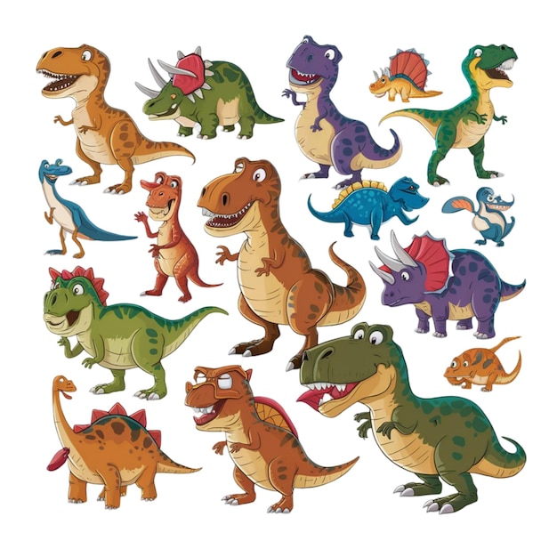 Ein Satz von isolierten verschiedenen Dinosauriern, Zeichentrickfiguren, die auf weißem Hintergrund isoliert sind