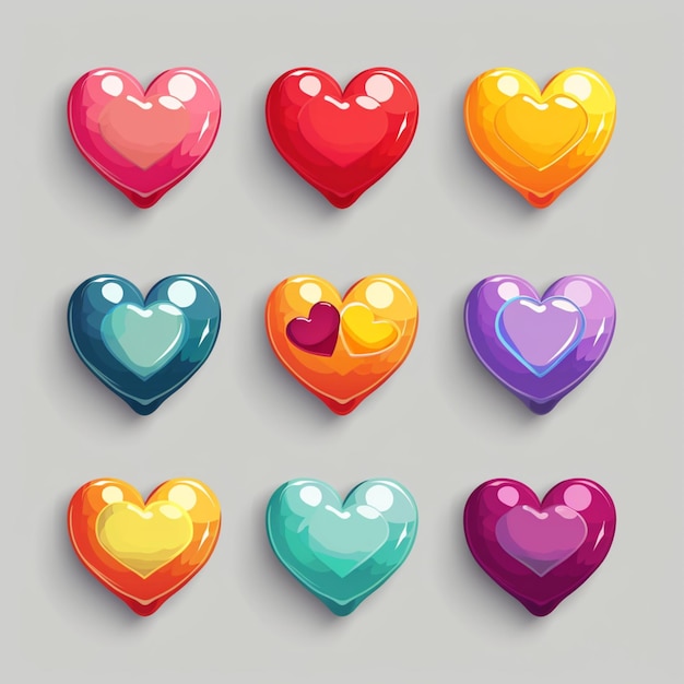 ein Satz von neun verschiedenen farbigen Herzen mit verschiedenen Formen generative ai