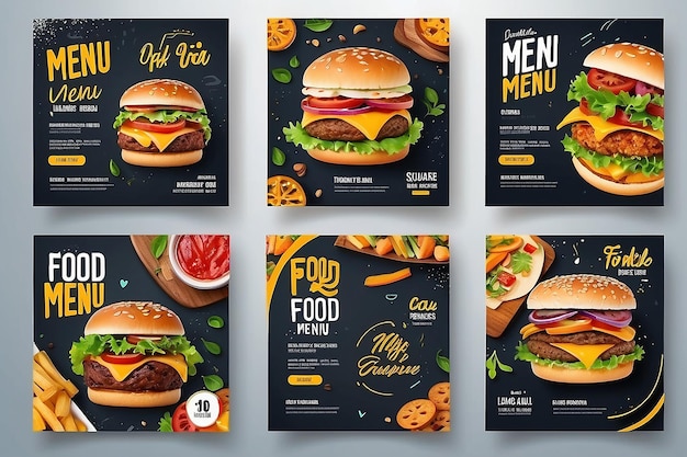 Ein Satz von quadratischen Bannervorlagen mit Lebensmittelmenü-Themen, die Sie bearbeiten können Perfekt für Geschäftsbranding