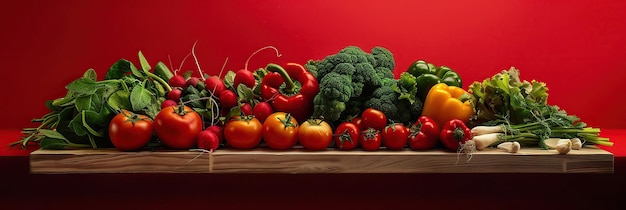 ein Satz von saftigem Gemüse, das auf dem Tisch liegt, ein kommerzielles Foto mit einem Ort für Text, ein Banner