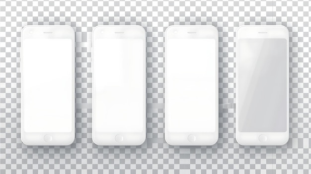 Ein Satz von vier realistischen Smartphones mit leeren Bildschirmen, die auf einem transparenten Hintergrund isoliert sind.