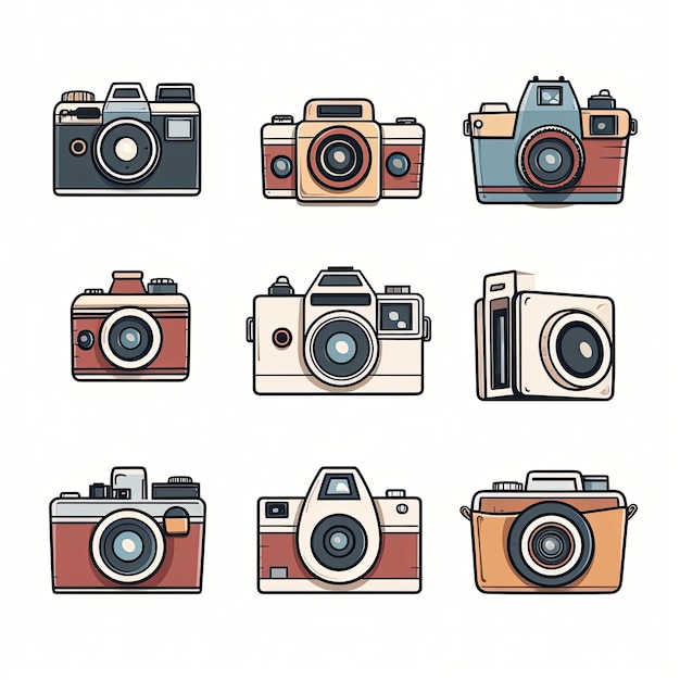 Ein Satz von Vintage-Retro-Kameras, die auf weißem Hintergrund isoliert sind
