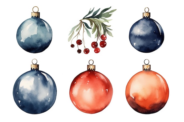 Ein Satz von Weihnachtspflanzen-Ornamenten, die in Aquarell auf einem weißen, isolierten Hintergrund gemalt sind