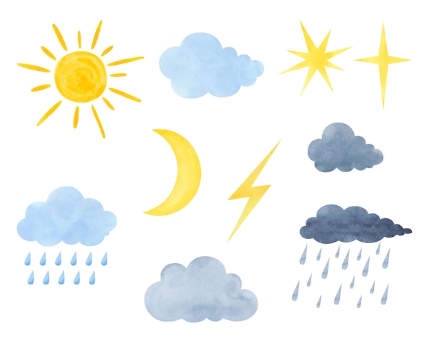 Ein Satz von Wetterelementen der Sonne, des Mondes, der Sterne, der Wolken, des Regens, isoliert auf weißem Handgezeichneten