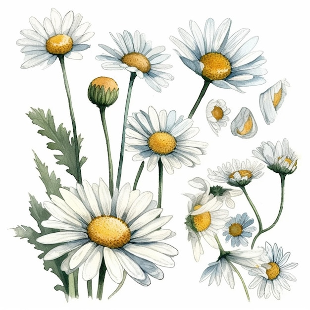 Ein Satz weißer Gänseblümchen mit dem Wort Daisy auf der Unterseite.