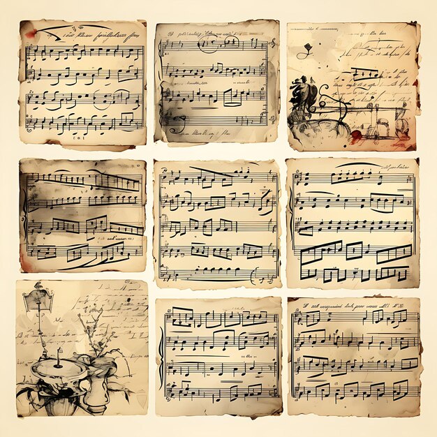 Foto ein satzrahmen aus musikblattpapier, gealtert von weißer farbe musical staff lines ein 2d-flat auf weiß bg art