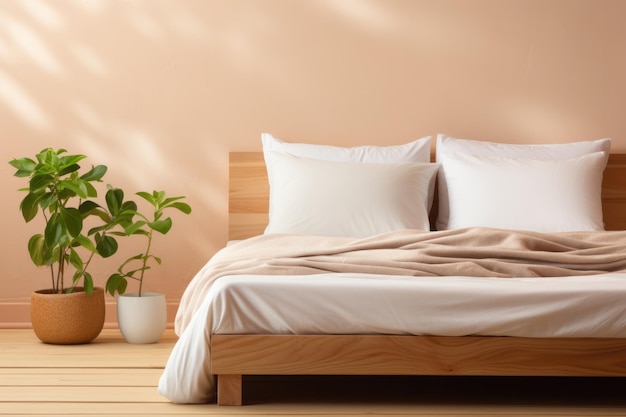Ein sauberer minimalistischer Holzbettrahmen, der auf einem braunen gradienten Hintergrund isoliert ist