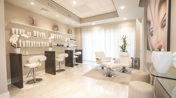 Foto ein sauberer moderner friseursalon mit weißen möbeln und einer mit holzplatten versehenen wand