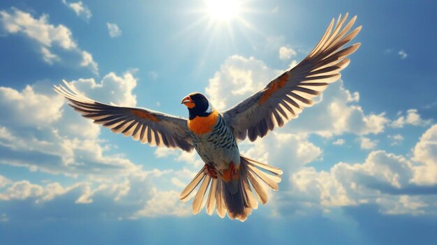 Ein sauberes sonniges Himmelslandschaftsfoto mit Vögeln, die auf dem Hintergrund der Natur fliegen