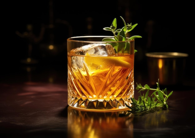 Ein Sazerac, garniert mit einem Zweig frischem Thymian für eine einzigartige Kräuternote