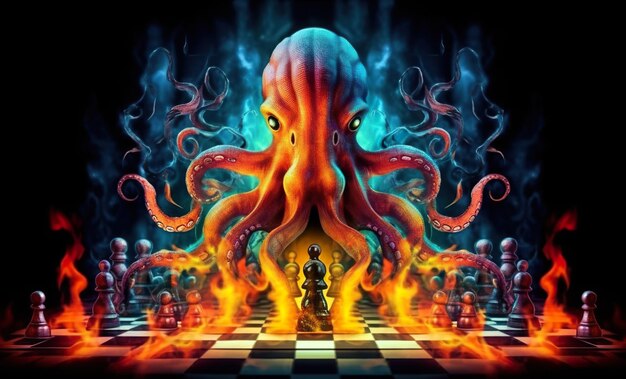 Ein Schachbrett mit einem riesigen Oktopus darauf Generatives KI-Bild