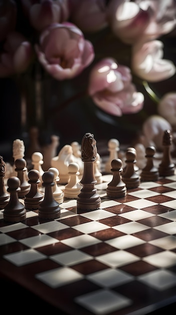 Ein Schachbrett mit einer weißen Schachfigur darauf und einer großen weißen Schachfigur rechts.