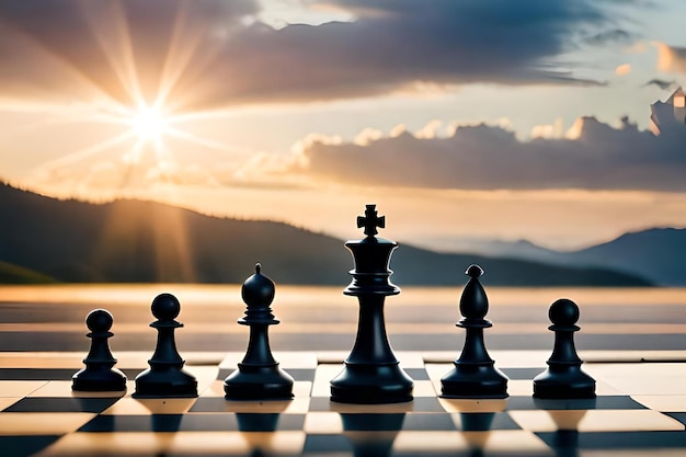 Ein Schachbrett mit Schachfiguren darauf und der Sonne dahinter.