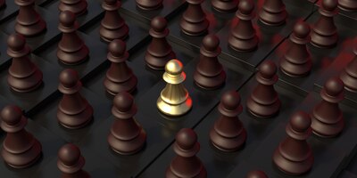 Ein schachfigurenpfand goldbraune bauern drängen sich um schwarzen hintergrund 3d-darstellung