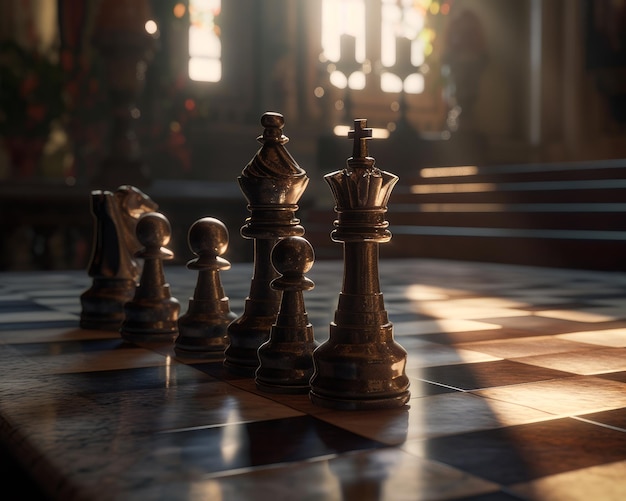 Ein Schachspiel auf einem Schachbrett Eine Reihe von Schachfiguren, die auf einem Schachspielbrett sitzen