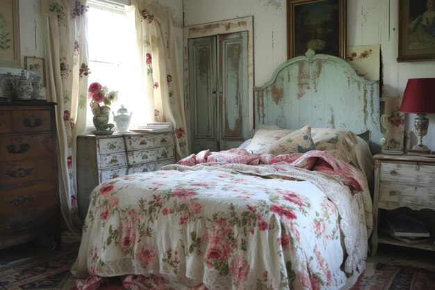 Foto ein schäbig schickes vintage-schlafzimmer mit blumenmustern
