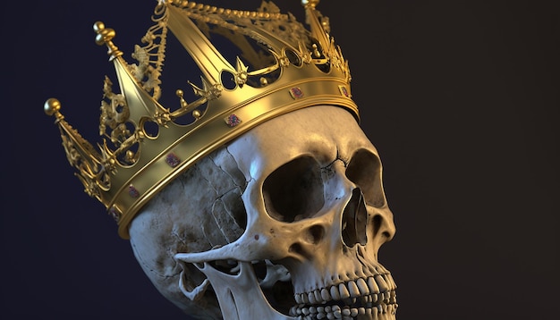 Ein Schädel, der ein Bild mit der goldenen Krone des Königs trägt