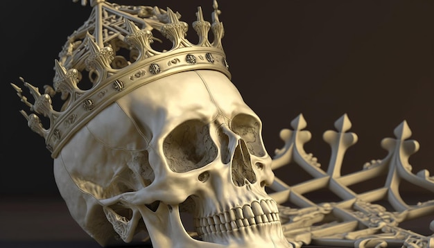 Ein Schädel, der ein Bild mit der goldenen Krone des Königs trägt