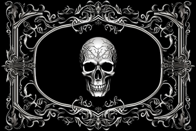 ein Schädel in einem geschmückten Rahmen auf schwarzem Hintergrund