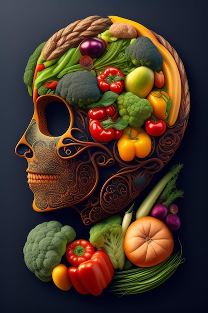 Ein Schädel mit einem Kopf voller Gemüse und einem Kopf voller Gemüse.