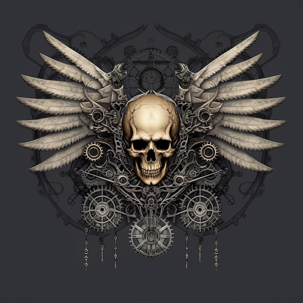 Ein Schädel mit Flügeln auf dunklem Hintergrund, generatives KI-Bild