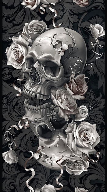ein Schädel und ein Schädel sind auf einem schwarzen Hintergrund mit Rosen