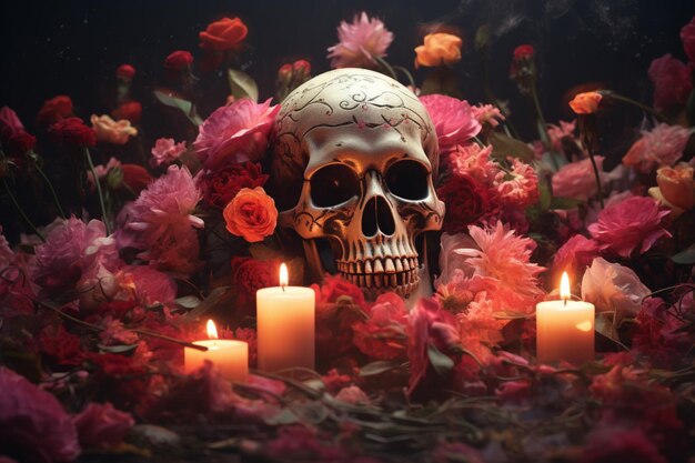 Ein Schädel und Kerzen sind von Blumen umgeben