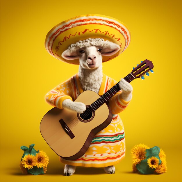 Ein Schaf, das einen gelben mexikanischen Hut trägt