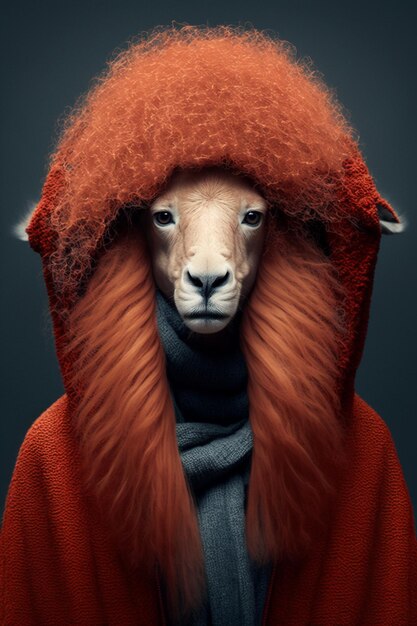 Ein Schaf mit roter Pelzmütze und Schal