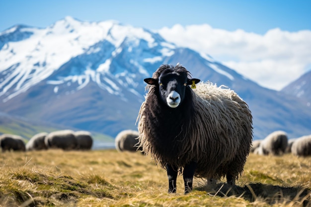 ein Schaf mit schwarzem und weißem Gesicht, das auf einem Feld steht