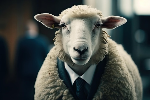 Ein Schaf mit schwarzer Krawatte und ein weißes Schaf im Anzug.
